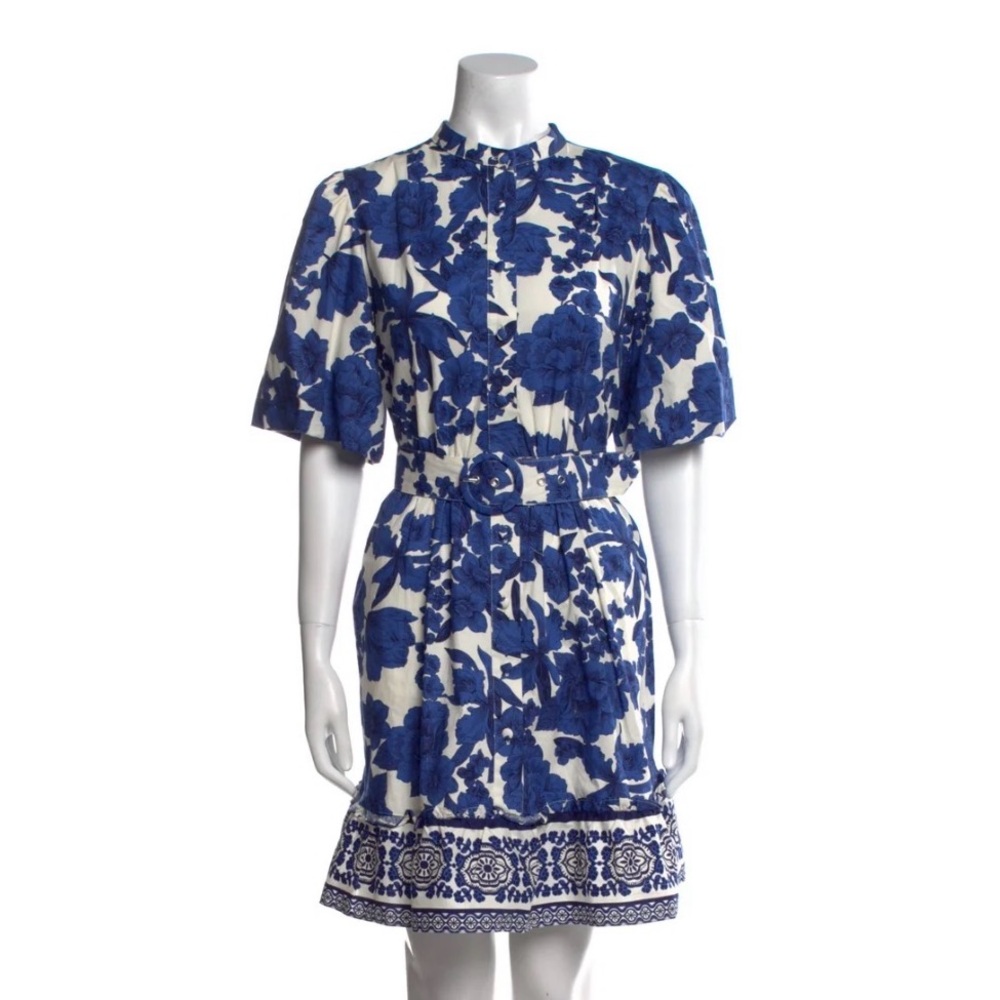 NEW Joie Anthro Blue White Floral Dress Belt Pockets Above Knee Size 8 Medium